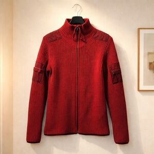 VTG Free People Cardigan Sweater Full Zip Sleeve Zipper Pocket Red Womens Size M